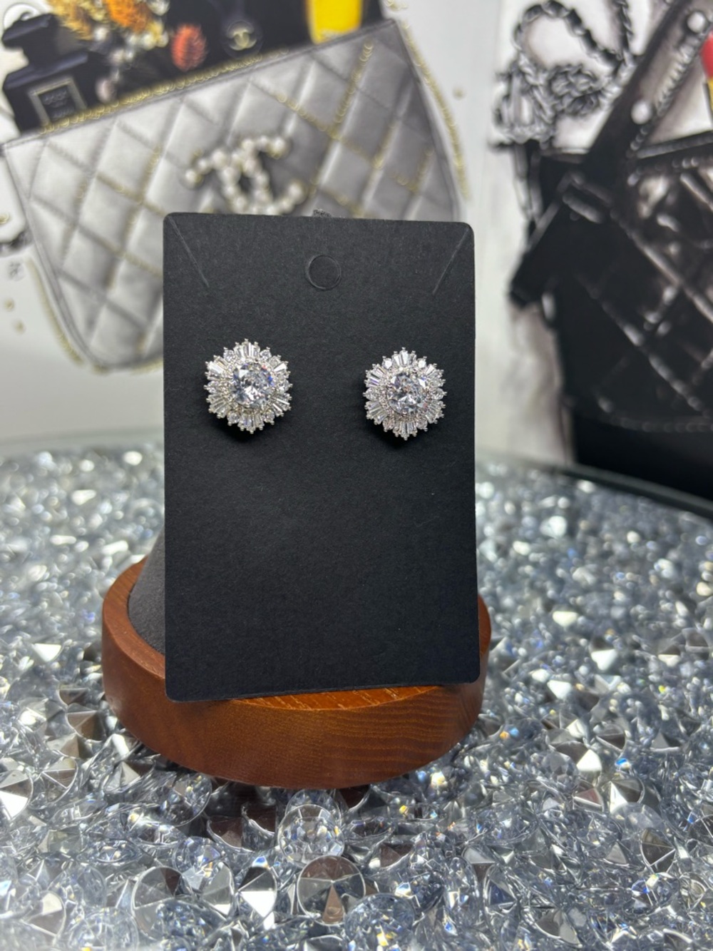 Silver Crystal Halo Stud Earrings NIP